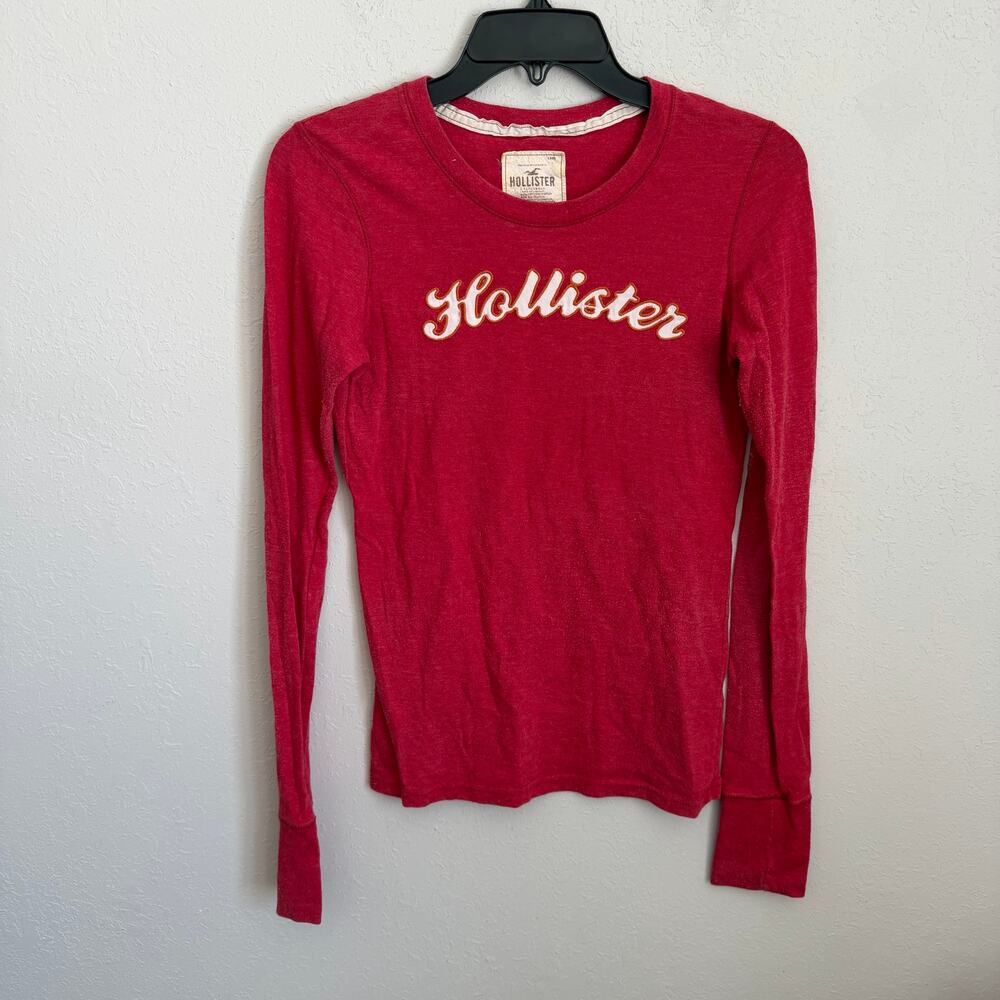 Y2K Hollister Red White Embroidered Long Sleeve Scoop Neck Tee Womens L